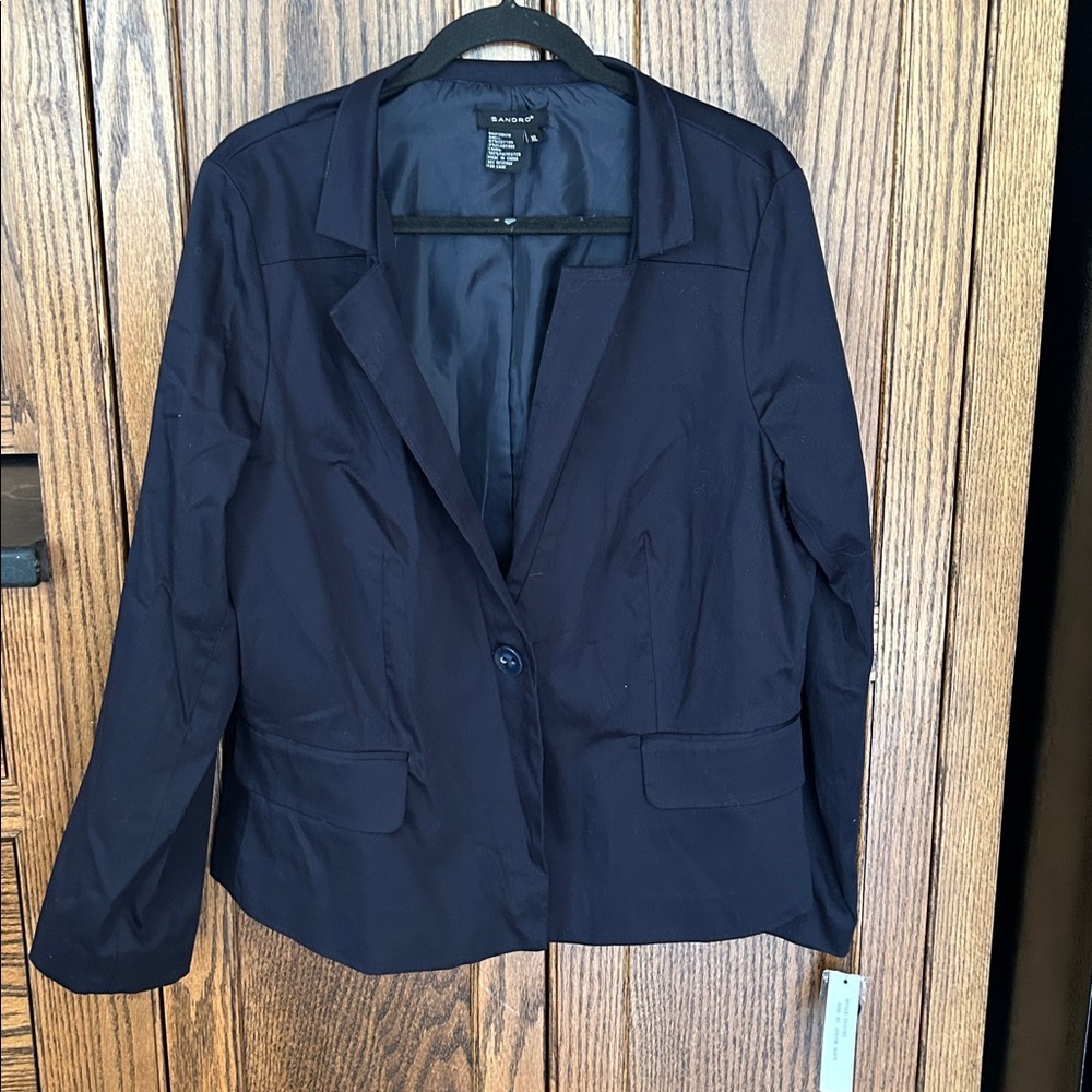 NWT Sandro Casual Navy Blue Blazer Cotton Single Button Professional Size XL